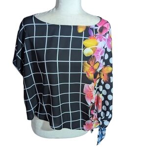 Joseph Ribkoff Checked/Floral/Dots Flowy Cropped Glam Old Money Top Sz M